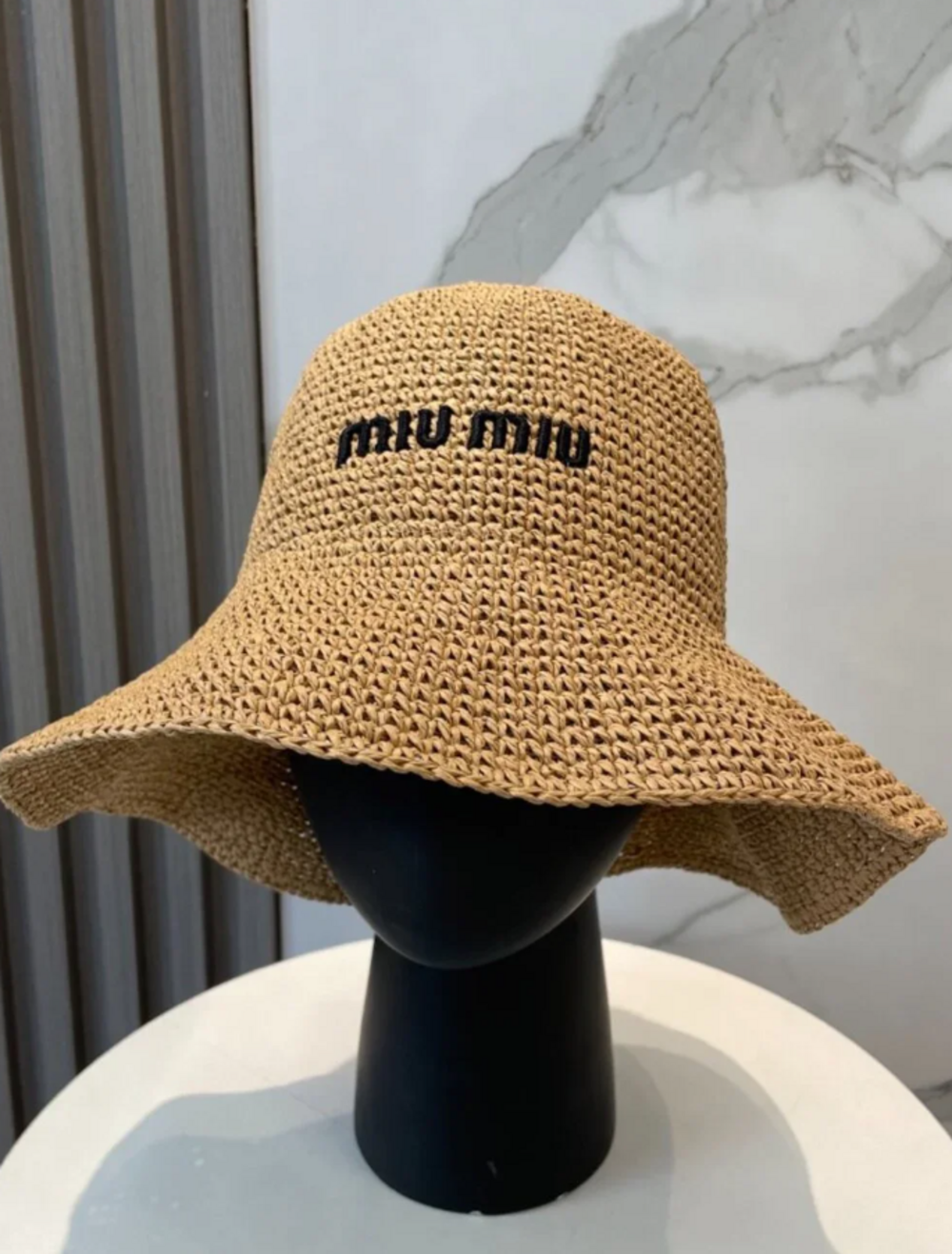 Miu Miu Raffia Straw Bucket Hat Natural Beige Black Logo Made in Italy
